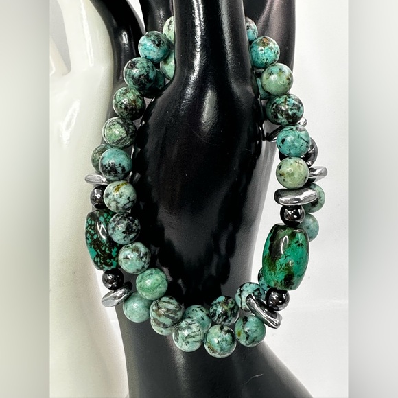 AFRICAN TURQUOISE + HEMATITE NATURAL STONES BRACELET SZ 7” set - Picture 5 of 10